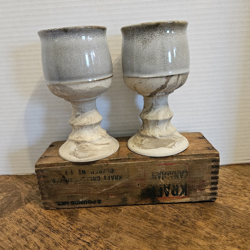 Studio Pottery Goblets, Set Of 2, Stamped, Hand Painted Neutral, Marbled, Matte